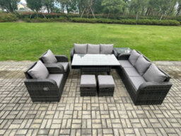 Fimous Outdoor Garden Patio Furniture Wicker Rattan Oblong Dining Table And Lounge Sofa Set With Side Table 2 Small Footstool - thumbnail 1