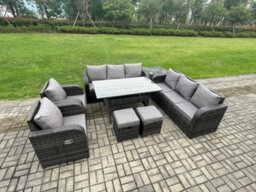 Fimous Outdoor Garden Patio Furniture Wicker Rattan Oblong Dining Table And Lounge Sofa Set With Side Table 2 Small Footstool - thumbnail 2