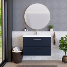 Balterley Contemporary Bathroom Wall Hung 2 Soft-Close Drawer Vanity Unit & Mid-Edge Ceramic Basin, Midnight Blue, 800 mm - thumbnail 2
