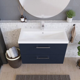 Balterley Contemporary Bathroom Wall Hung 2 Soft-Close Drawer Vanity Unit & Mid-Edge Ceramic Basin, Midnight Blue, 800 mm - thumbnail 3