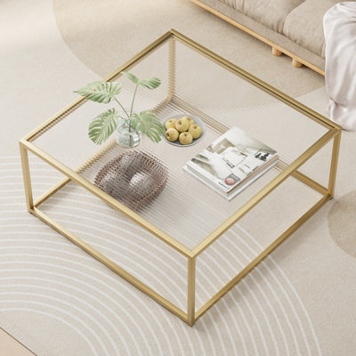 Huhote Stylish Square Coffee Table With Reeded Glass Top And Sturdy Metal Frame 67 X 67 X 40 Cm Gold - image 1