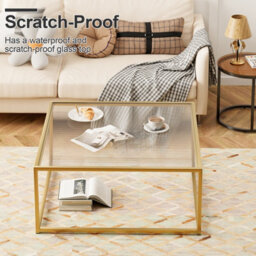 Huhote Stylish Square Coffee Table With Reeded Glass Top And Sturdy Metal Frame 67 X 67 X 40 Cm Gold - thumbnail 8