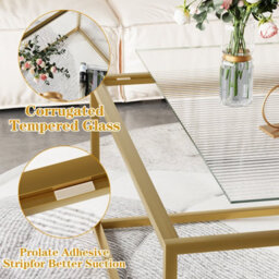 Huhote Stylish Square Coffee Table With Reeded Glass Top And Sturdy Metal Frame 67 X 67 X 40 Cm Gold - thumbnail 2