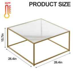 Huhote Stylish Square Coffee Table With Reeded Glass Top And Sturdy Metal Frame 67 X 67 X 40 Cm Gold - thumbnail 3