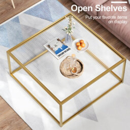 Huhote Stylish Square Coffee Table With Reeded Glass Top And Sturdy Metal Frame 67 X 67 X 40 Cm Gold - thumbnail 6