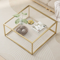 Huhote Stylish Square Coffee Table With Reeded Glass Top And Sturdy Metal Frame 67 X 67 X 40 Cm Gold - thumbnail 1