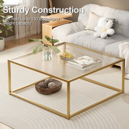 Huhote Stylish Square Coffee Table With Reeded Glass Top And Sturdy Metal Frame 67 X 67 X 40 Cm Gold - thumbnail 5