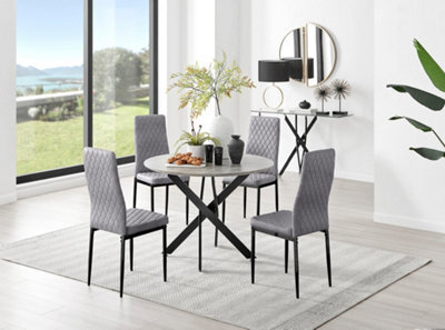 Furniturebox Uk Novara Grey Concrete Effect Black Leg Round Dining Table & 4 Grey Velvet Milan Black Leg Chairs - image 1