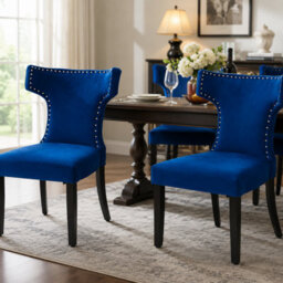 Darphe Set Of 2 Blue Velvet Dining Chairs With Wooden Legs, 58.5Cm(W) X 58Cm(D) X 90Cm(H) - thumbnail 1