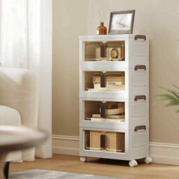 4-Tier Stackable Storage Boxes With Lid, Plastic Storage Cabinet On Wheels With Magnetic Door, White