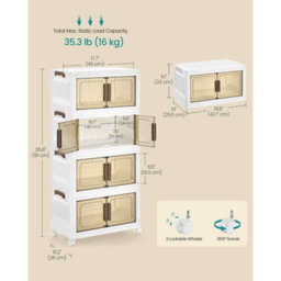 4-Tier Stackable Storage Boxes With Lid, Plastic Storage Cabinet On Wheels With Magnetic Door, White - thumbnail 2