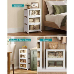 4-Tier Stackable Storage Boxes With Lid, Plastic Storage Cabinet On Wheels With Magnetic Door, White - thumbnail 6