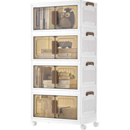 4-Tier Stackable Storage Boxes With Lid, Plastic Storage Cabinet On Wheels With Magnetic Door, White - thumbnail 7