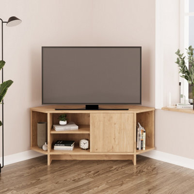 Teo Corner Tv Stand - Space-Saving Tv Unit For 43-48 Inch Tvs, Compact Media Console With Open Shelves & Cabinet (Oak)