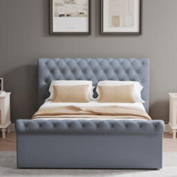Fwstyle Abbey King Size Bed Frame Steel Grey Side Lift Ottoman Scroll Buttoned - thumbnail 2