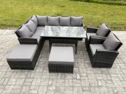 Fimous 10 Seater Outdoor Rattan Garden Furniture Set With Rectangular Dining Table 2 Big Footstool 2 Armchiars Patio Wicker - thumbnail 2