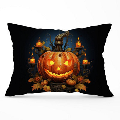 Warren Reed Designer Spooy Pumpkin With Leaves And Small Candles Cushions 33Cm X 48Cm - image 1