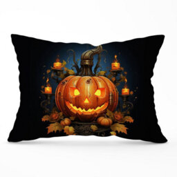 Warren Reed Designer Spooy Pumpkin With Leaves And Small Candles Cushions 33Cm X 48Cm - thumbnail 1