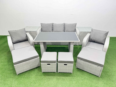 Fimous 9 Seater Patio Garden Furniture Sets With Black Glass Top Dining Table Love Sofa 2 Side Tables 4 Stools Light Grey - image 1