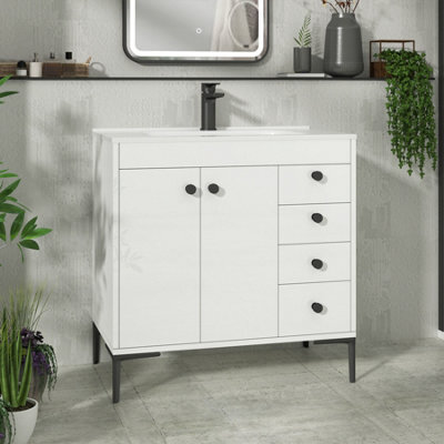 Royal Bathrooms Verona 800mm Gloss White Floor Standing Bathroom Vanity Unit 2 Door, 4 Drawer Cabinet With Ceramic Basin & Matt Black Knob - image 1
