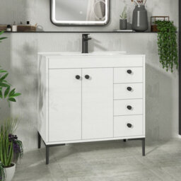 Royal Bathrooms Verona 800mm Gloss White Floor Standing Bathroom Vanity Unit 2 Door, 4 Drawer Cabinet With Ceramic Basin & Matt Black Knob