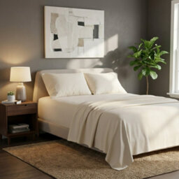 Soft Plain Brushed Cotton Fitted Flat Sheet Matching Pillowcases Set Cream - thumbnail 1