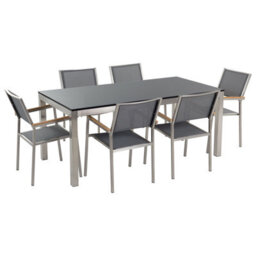 Beliani Garden Dining Set 6 Seater Grosseto Granite Polished Grey/ Black - thumbnail 1