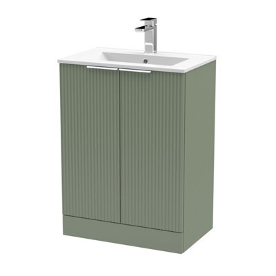 Balterley Tixall Fluted 2 Door Floor Standing Vanity Unit With Minimalist Basin, Satin Green, 600mm - image 1