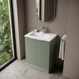 Balterley Tixall Fluted 2 Door Floor Standing Vanity Unit With Minimalist Basin, Satin Green, 600mm - thumbnail 3