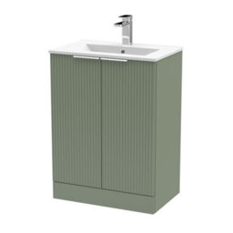 Balterley Tixall Fluted 2 Door Floor Standing Vanity Unit With Minimalist Basin, Satin Green, 600mm - thumbnail 1