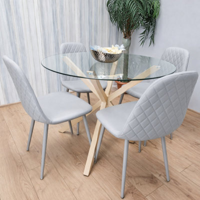 Kosy Koala Round Glass Dining Table Set With 4 Grey Gem Pattern Chairs Dining Room Furniture - image 1