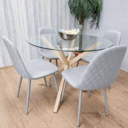 Kosy Koala Round Glass Dining Table Set With 4 Grey Gem Pattern Chairs Dining Room Furniture - thumbnail 1