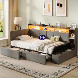 Btm 3Ft Led Daybed With Storage Drawers, Ottoman Storage And Charging Station, Linen Sofa Bed, Grey, 90X190Cm - thumbnail 3