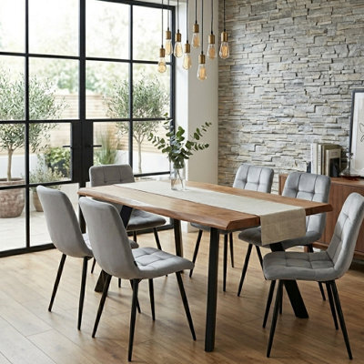 Doubs Dining Table Set With 6 Grey Velvet Chairs 120Cm Natural Wood Table - image 1
