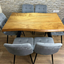 Doubs Dining Table Set With 6 Grey Velvet Chairs 120Cm Natural Wood Table - thumbnail 7