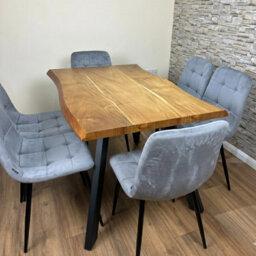 Doubs Dining Table Set With 6 Grey Velvet Chairs 120Cm Natural Wood Table - thumbnail 2