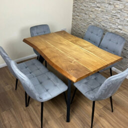 Doubs Dining Table Set With 6 Grey Velvet Chairs 120Cm Natural Wood Table - thumbnail 3