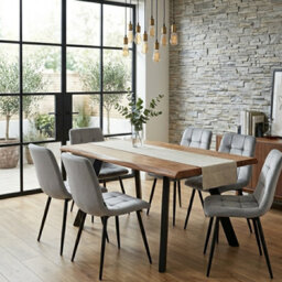 Doubs Dining Table Set With 6 Grey Velvet Chairs 120Cm Natural Wood Table - thumbnail 1