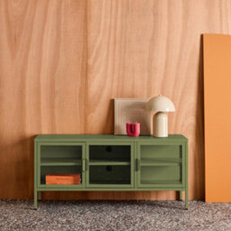 Sweeek - Industrial Metal And Tempered Glass Tv Stand With 3 Doors 120Cm Green 120X35X55 Cm - Arkansas - thumbnail 3