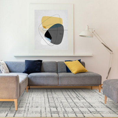 Grey Abstract Geometric Modern Tartan Easy To Clean Rug For Dining Room-200Cm X 290Cm - image 1