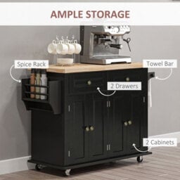 Homcom Rolling Kitchen Island Cart With Rubber Wood Top, Spices Black - thumbnail 6