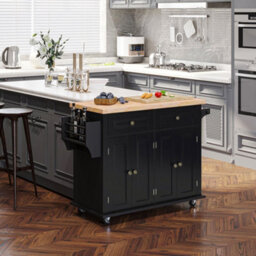 Homcom Rolling Kitchen Island Cart With Rubber Wood Top, Spices Black - thumbnail 1