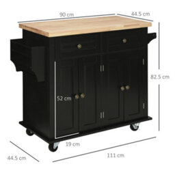 Homcom Rolling Kitchen Island Cart With Rubber Wood Top, Spices Black - thumbnail 3