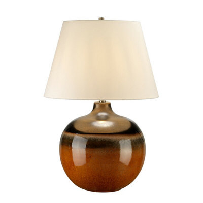 Stylish Orange And Brown Glazed Table Lamp With Cream Faux Silk Shade - Led E27 60W