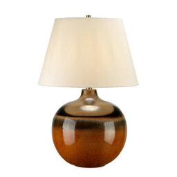 Stylish Orange And Brown Glazed Table Lamp With Cream Faux Silk Shade - Led E27 60W