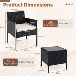 Costway Garden Furniture Set 3-Piece Rattan Conversation Set With 2 Cushioned Chairs-Beige - thumbnail 2