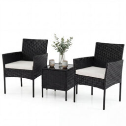 Costway Garden Furniture Set 3-Piece Rattan Conversation Set With 2 Cushioned Chairs-Beige