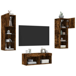 Berkfield 4 Piece Tv Wall Cabinets With Led Lights Smoked Oak - thumbnail 5