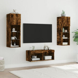 Berkfield 4 Piece Tv Wall Cabinets With Led Lights Smoked Oak - thumbnail 4