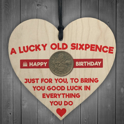 Red Ocean Lucky Sixpence Happy Birthday Wooden Hanging Heart Plaque - image 1